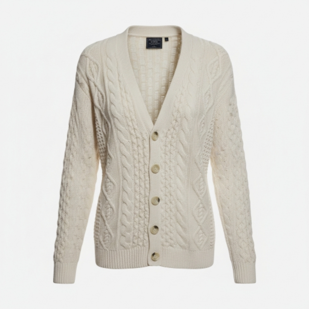 Abercrombie & Fitch Women's Large Cream Cable Knit Button Up Cardigan